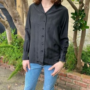 Vintage Plain Silk Long Sleeve Black Blouse